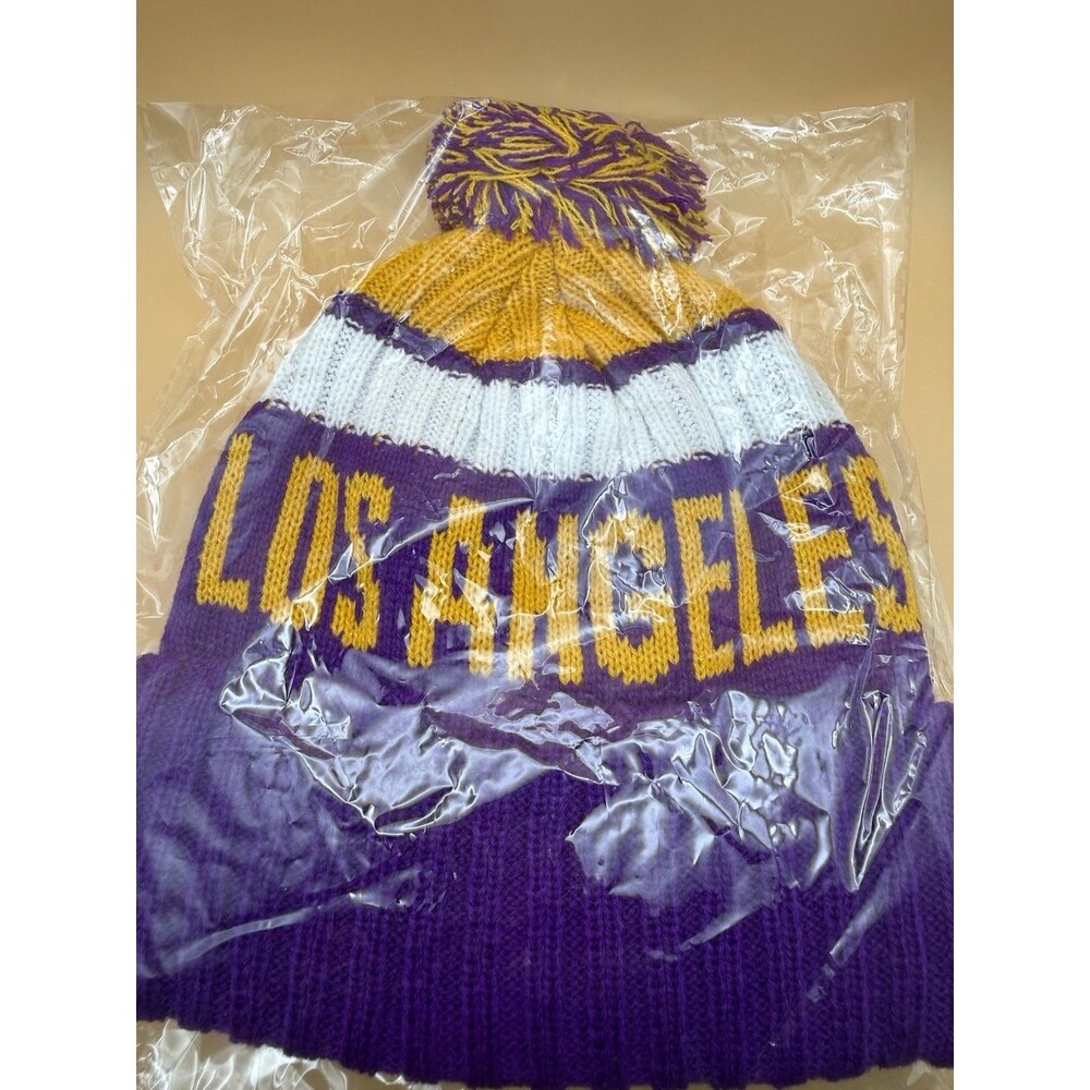 Los Angeles Basketball Beanie Hat Cuffed Knit Pom Pom Winter Cap Purple Gold